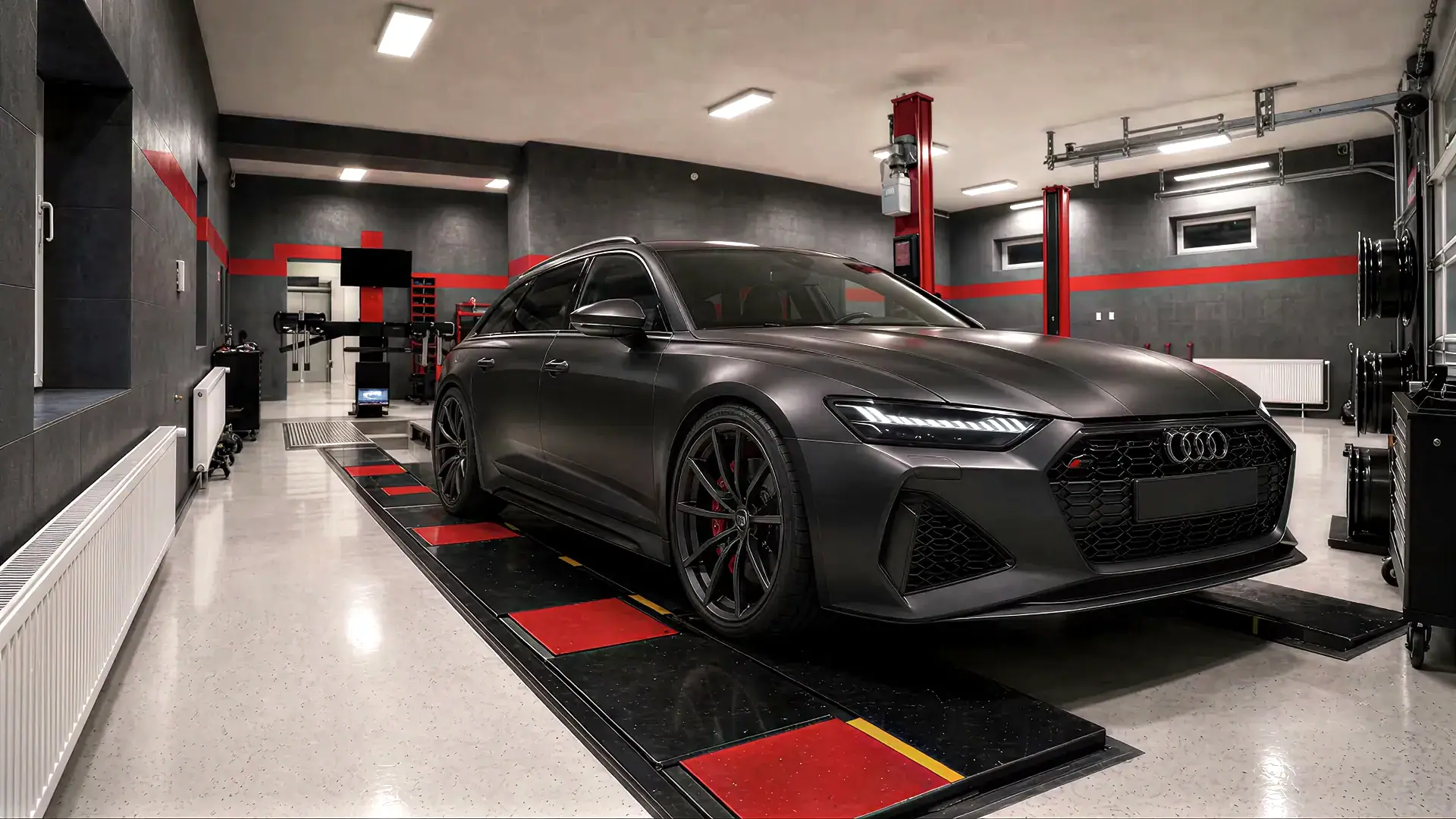 Matt szürke Audi RS6 Avant a VB Gumi autószervizben
